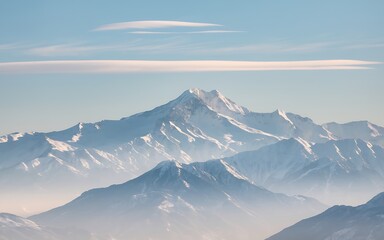 A majestic snow-capped mountain range with wispy clouds in the blue sky. Generative-Ai