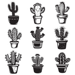 Silhouette of a Cactus in pot, vector illustration, Cactus and succulent line style cartoon vector illustration. Decorative flower plant in pot