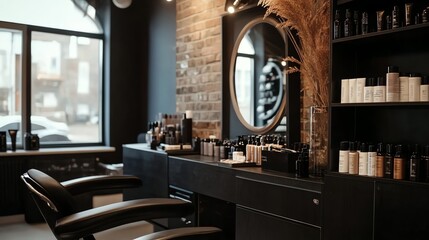 A modern barbershop with black and brown accents.