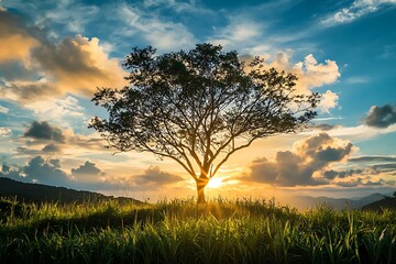 Fototapeta premium Silhouetted tree on a hill at sunset with vibrant clouds in the sky