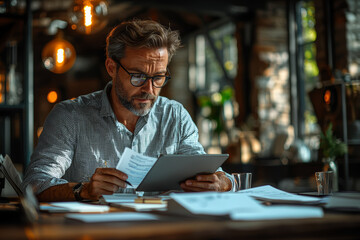 Fototapeta premium A businessman reviewing reports at a minimalist table, with only a tablet and a notebook in sight.