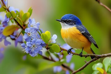 Obraz premium Blue and Yellow Bird Perched on Branch with Purple Flowers
