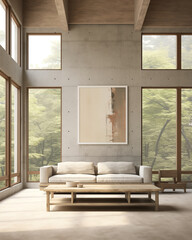 Fototapeta premium Japandi rustic minimalist, wabi sabi style simple living room interior with couch and large art frame against neutral wall