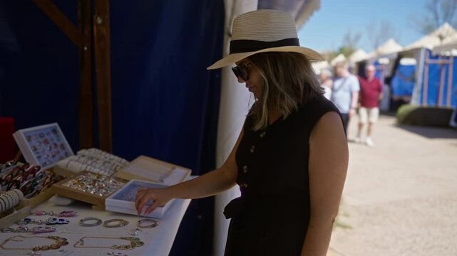 Woman browsing jewelry at an outdoor market on a sunny day in palma mallorca spain