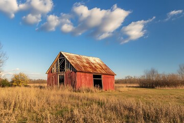 Obraz premium Rusty red barn in a field with blue sky and clouds. Rural landscape photography