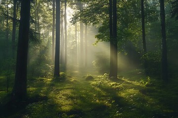 Fototapeta premium Sunlight streaming through trees in a misty forest