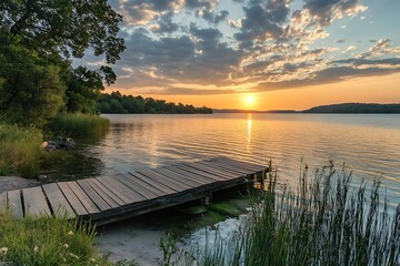 Peaceful Sunset Over a Lake with a Wooden Dock