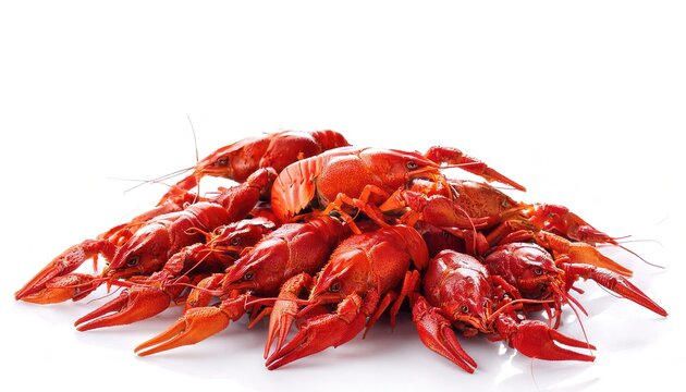 red boiled or steamed crawdad, crawfish or crayfish live in freshwater habitats and are a common seafood item popular in Louisiana Boils served with corn, potatoes and spices. Isolated on white