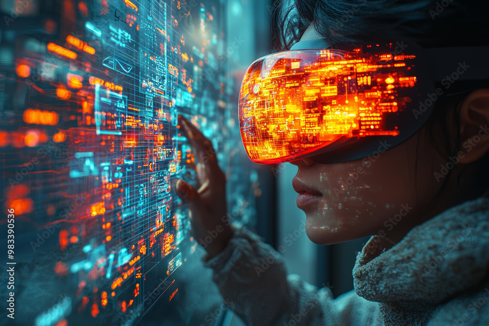 Aufkleber A user navigating a virtual reality puzzle game with interactive elements and complex challenges in a digital setting. Concept of VR problem-solving.