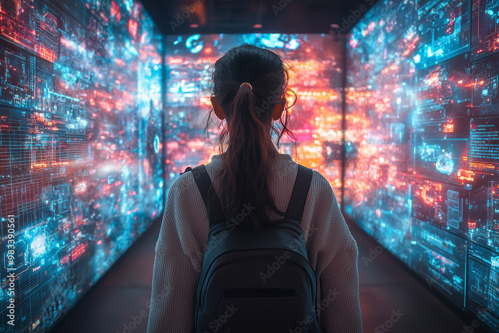 Poster a user customizing their virtual avatar in a metaverse dressing room, surrounded by a wide array of 