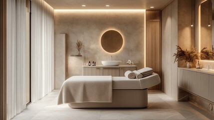 A modern spa room with a massage table, a large mirror, and natural light.