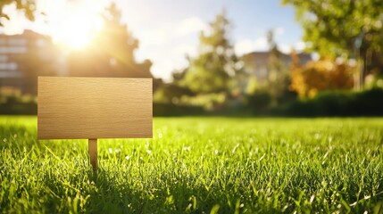 Blank Wooden Sign in Green Grass Field with Blurred Background