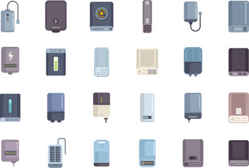 Large set of power bank icons in a variety of colors and styles, showing different battery levels