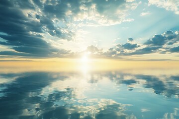 Fototapeta premium Peaceful Sunrise Over Calm Ocean with Golden Sky and Clouds Reflecting in Water
