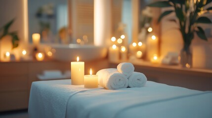 A relaxing spa setting with candles, towels, and a massage table.