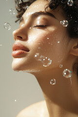 Beautiful beauty woman using hydrating facial serum molecules bubbles flying around as skincare routine.