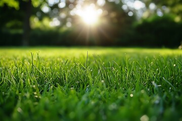 Naklejka premium Close up of lush green grass blades with sun shining through the trees in background