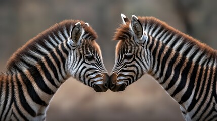 Two zebras are gently touching noses, showcasing a moment of connection in a natural setting, This image is perfect for wildlife themes, conservation campaigns, or educational materials,