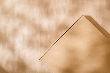 A plain cardboard box on a textured surface with soft light and shadows during the afternoon