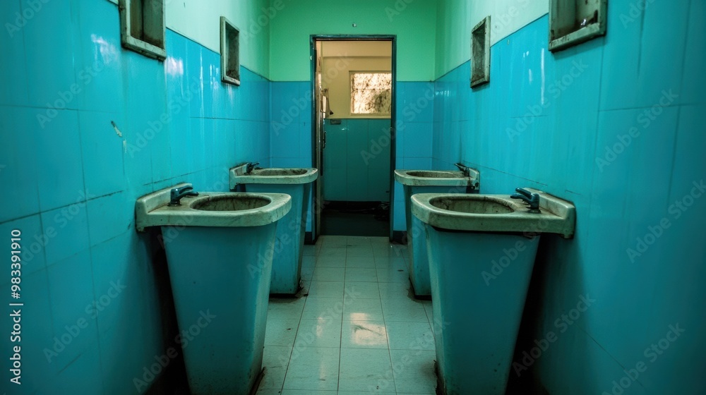 Poster A bathroom with blue walls and sinks in a long hallway, AI