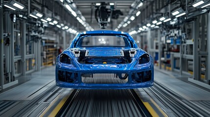 Naklejka premium Front view of a partially assembled blue electric vehicle on a state-of-the-art car assembly line. 