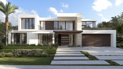 Modern White House with Stone Facade and Palm Trees