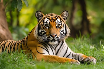 Bengal Tiger Sitting in the Grass in a Green Jungle