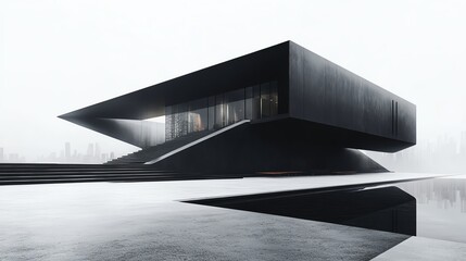 A minimalist black building with sharp angles and a reflecting pool.