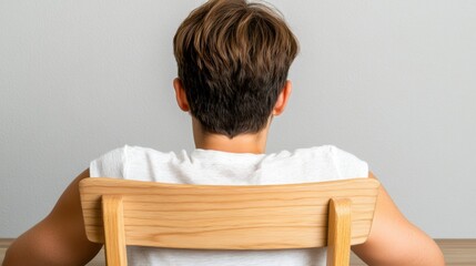 Obraz premium A man sitting in a wooden chair with his back to the camera, AI