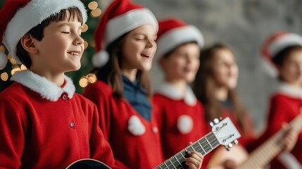 Fototapeta premium A family playing Christmas music together, with one playing the guitar and others singing, family, Christmas music, guitar