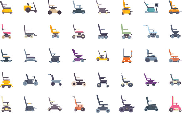This set of electric wheelchair icons is representing various types of mobility aids, emphasizing accessibility and independence for people with disabilities
