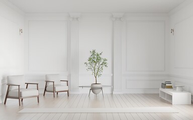 Fototapeta premium Minimalist living room with white walls, wooden floor, two armchairs, a potted plant, and a white side table. Generative-Ai
