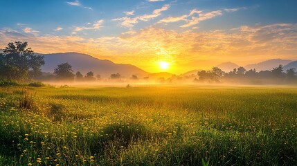 Golden Sunrise Over Foggy Meadow with Mountains in the Background