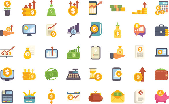This is a set of flat design style icons representing finance, investment, business, money, loan and savings