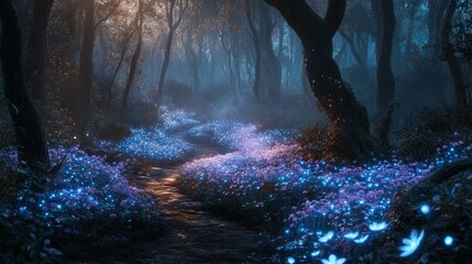 Fototapeta premium Enchanted Forest Pathway with Bioluminescent Flowers