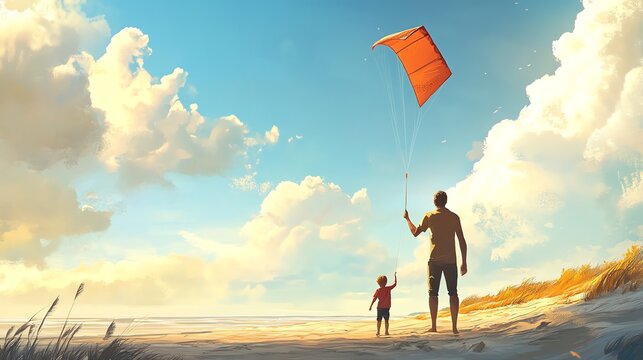 A father and son fly a kite on a beautiful beach.