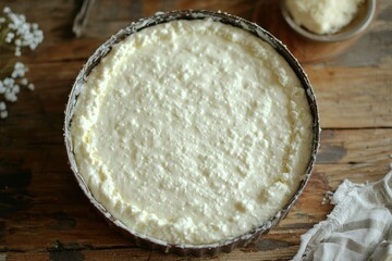 Creamy White Filling in a Baking Dish on a Wooden Table