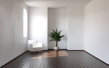 Fototapeta premium Minimalist white room with a single armchair, a potted palm plant, and a large arched window, all against a backdrop of wooden floorboards. Generative-Ai