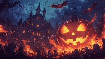 Halloween Haunted Castle with Jack o Lantern and Graveyard