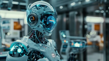 Fototapeta premium A futuristic robot with intricate design and glowing features stands poised in a high-tech environment, reflecting advancements in artificial intelligence.