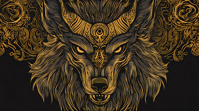 Fenrir the viking wolf god in black and gold line art style showcases norse mythology and ancient symbolism. Norse Mythology. Illustration