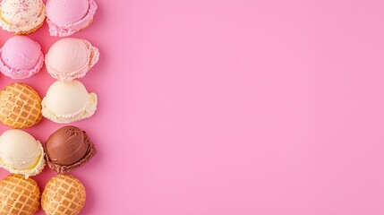 Pink Ice Cream Scoops on Waffle Cones with Copy Space