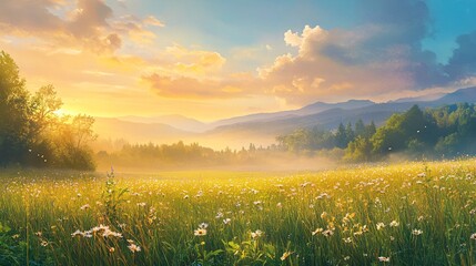 A Field of Daisies at Sunset with Misty Mountains in the Background
