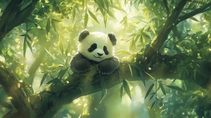 Fototapeta premium Peaceful Panda Relaxing in a Lush Bamboo Forest