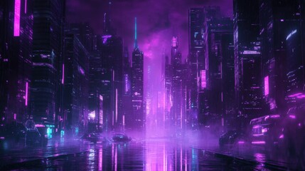 Obraz premium Neon futuristic cityscape with glowing purple lights in rain