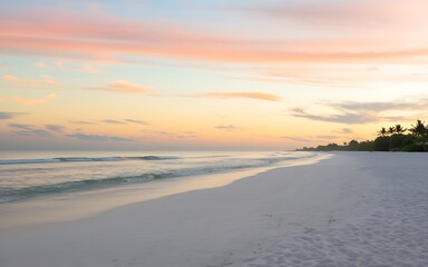 Tranquil beach with white sand and calm turquoise water at sunset. Generative-Ai