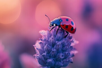 Fototapeta premium Ladybug on purple flower with bokeh background