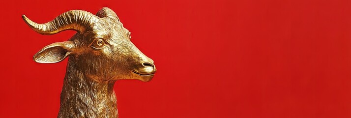 Obraz premium golden goat, year of the goat, solid red background, copy space 