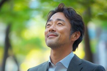 Fototapeta premium 新緑に立つスーツを着た横顔のミドル男性ビジネスマン