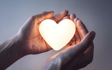 Fototapeta premium Two hands cupping a glowing white heart, representing love, care, and support. Generative-Ai